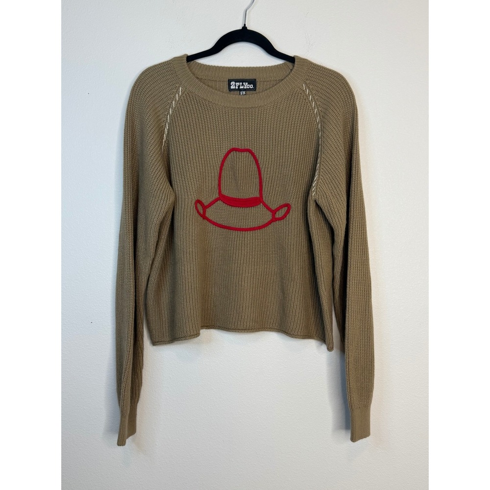 2FlyCo Women Tan Khaki Red Cowboy Hat Whipstitch Raglan Knit Sweater S/M